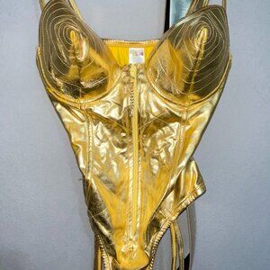 Party King Gold Metallic Corset Bodysuit w/ Black Wet Look Leggings Set Small